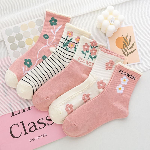 Women's Half Socks, Flower Pattern, 6 Pairs