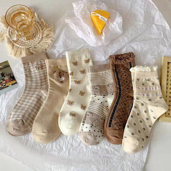 Women's Ankle Socks - 6 Pairs Bear Design