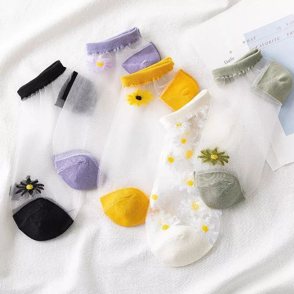 6 Pairs Ankle Chiffon Socks Sunflower Print
